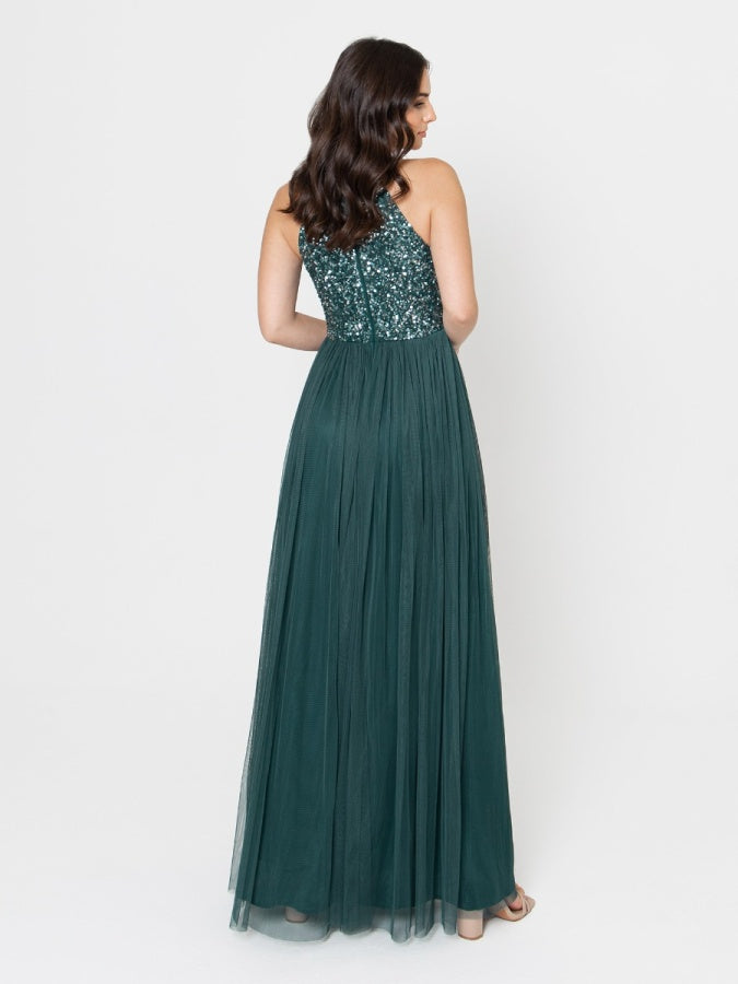 Maya Emerald Green Embellished Halter Neck Maxi Dress