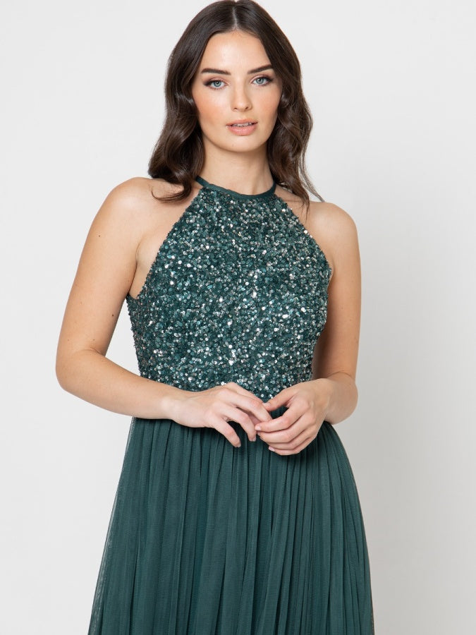 Maya Emerald Green Embellished Halter Neck Maxi Dress