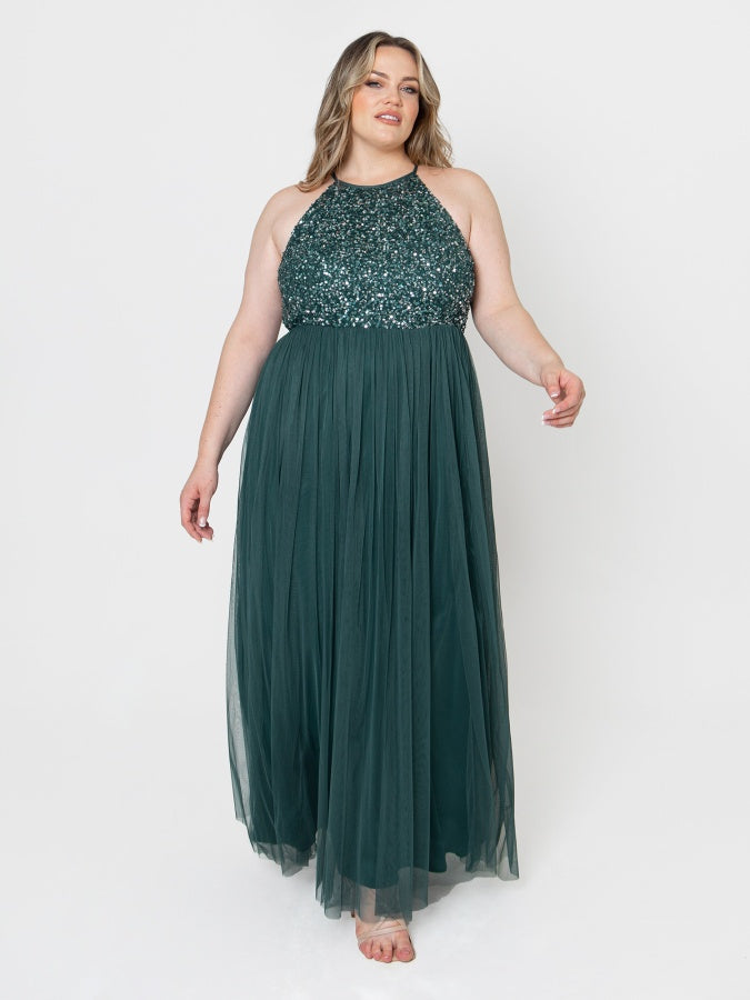 Maya Emerald Green Embellished Halter Neck Maxi Dress