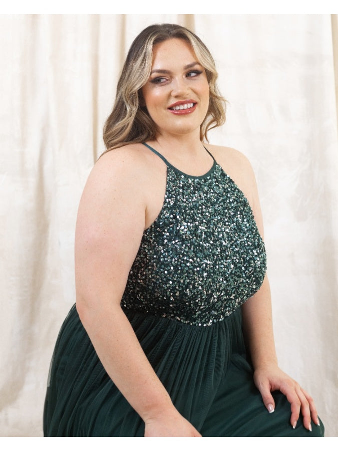 Maya Emerald Green Embellished Halter Neck Maxi Dress