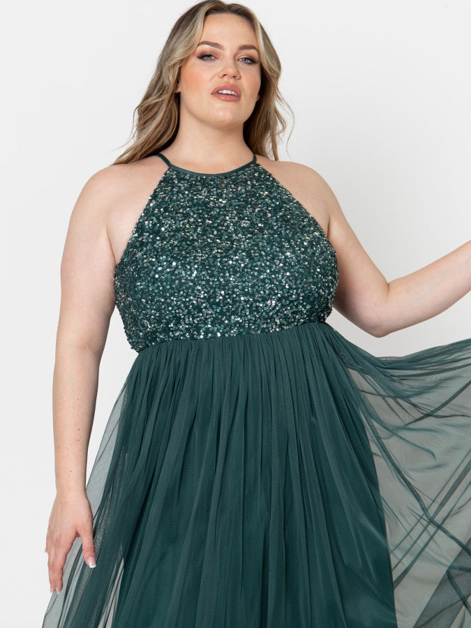 Maya Emerald Green Embellished Halter Neck Maxi Dress