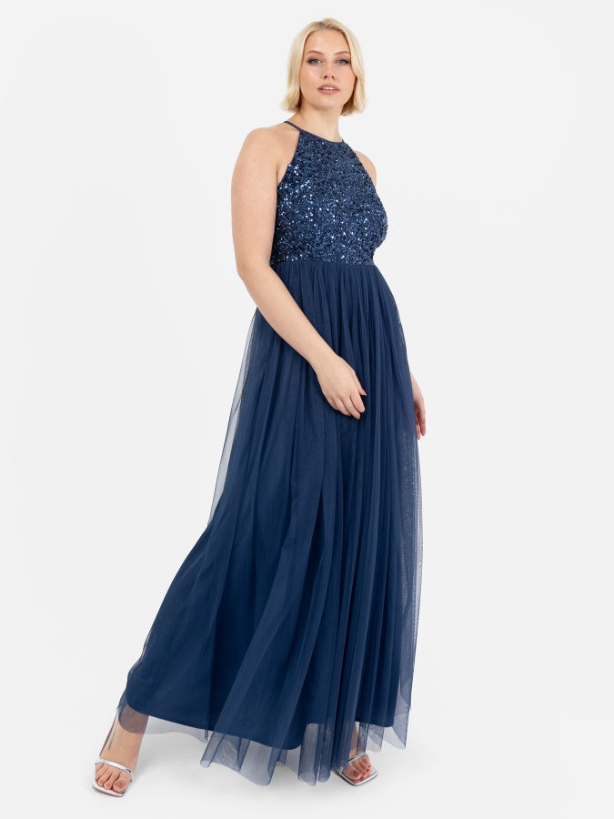 Maya French Navy Embellished Halter Neck Maxi Dress