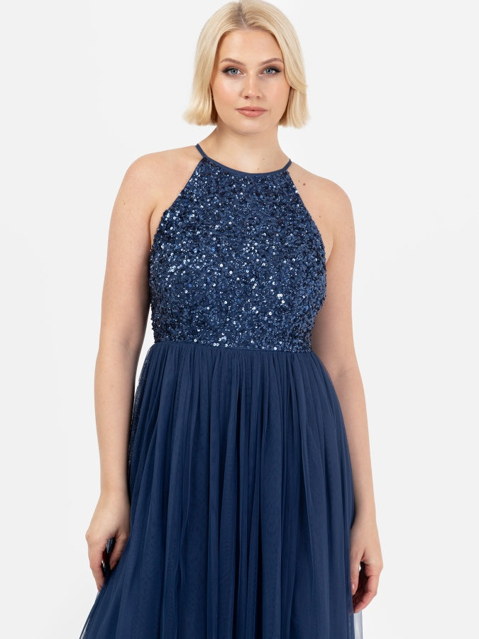 Maya French Navy Embellished Halter Neck Maxi Dress