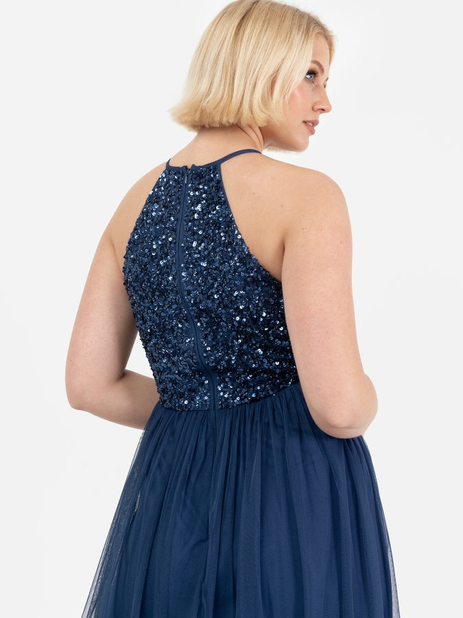 Maya French Navy Embellished Halter Neck Maxi Dress