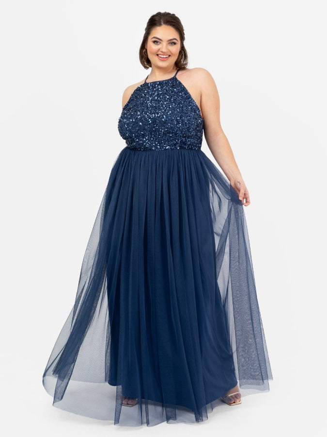 Maya French Navy Embellished Halter Neck Maxi Dress