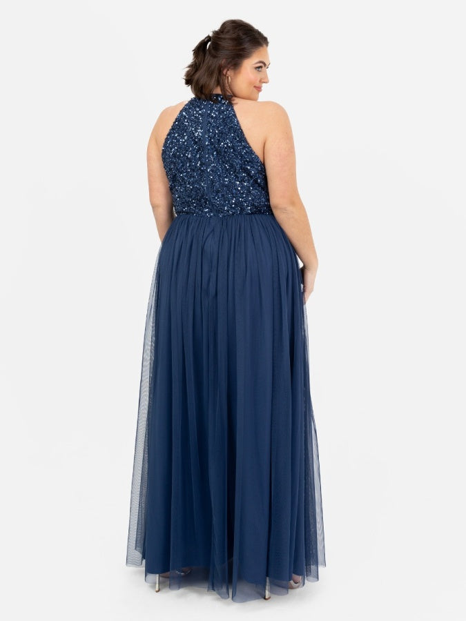 Maya French Navy Embellished Halter Neck Maxi Dress