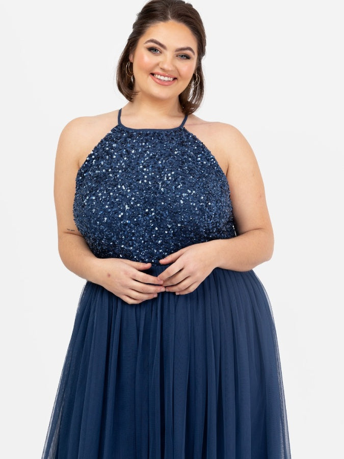 Maya French Navy Embellished Halter Neck Maxi Dress