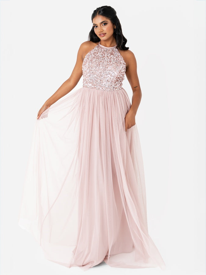 maya halter dress in pink sequin Maya Petite halterneck open back all over sequin maxi dress in rose pink