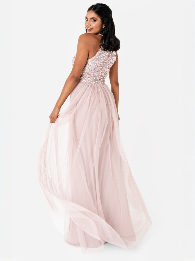Maya Frosted Pink Embellished Halter Neck Maxi Dress