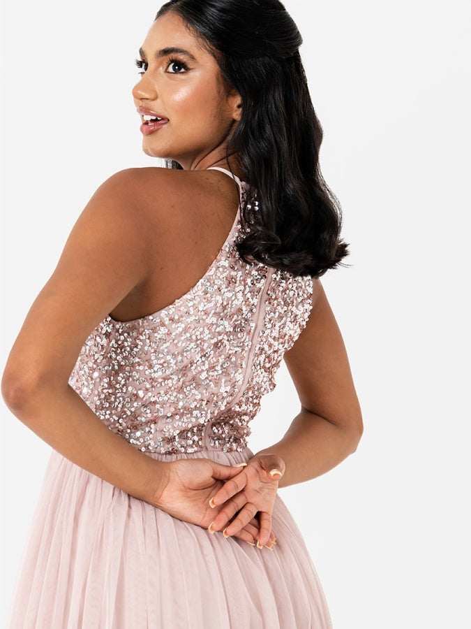maya halter dress in pink sequin Maya Deluxe Sequin Chiffon Ruffle Mini Dress, Rosy Pink