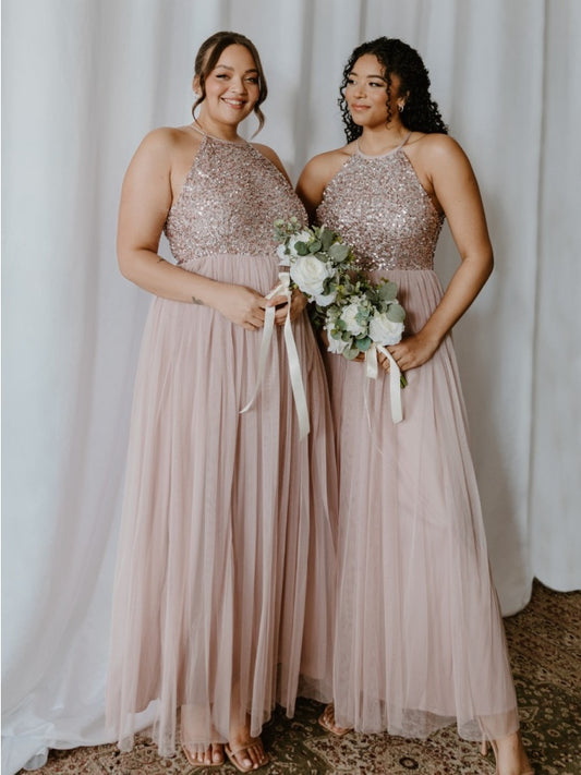 Maya Frosted Pink Embellished Halter Neck Maxi Dress