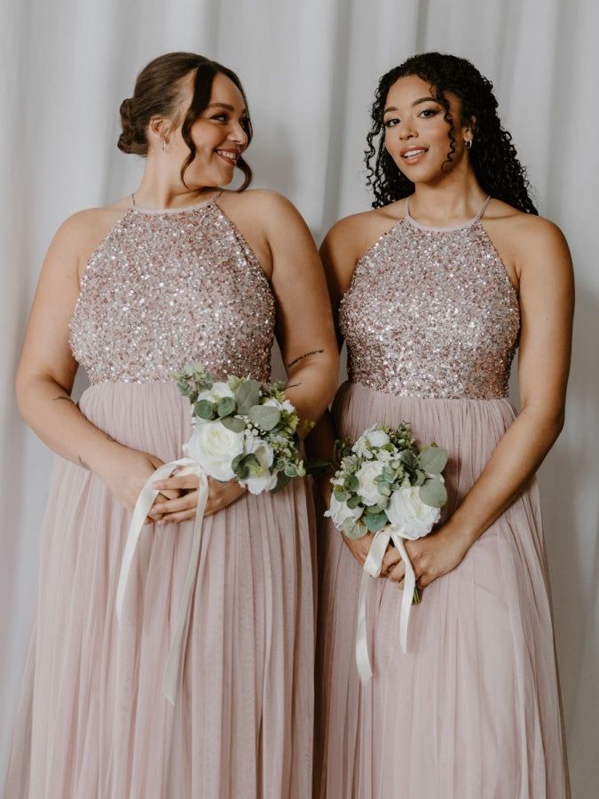 Maya Frosted Pink Embellished Halter Neck Maxi Dress