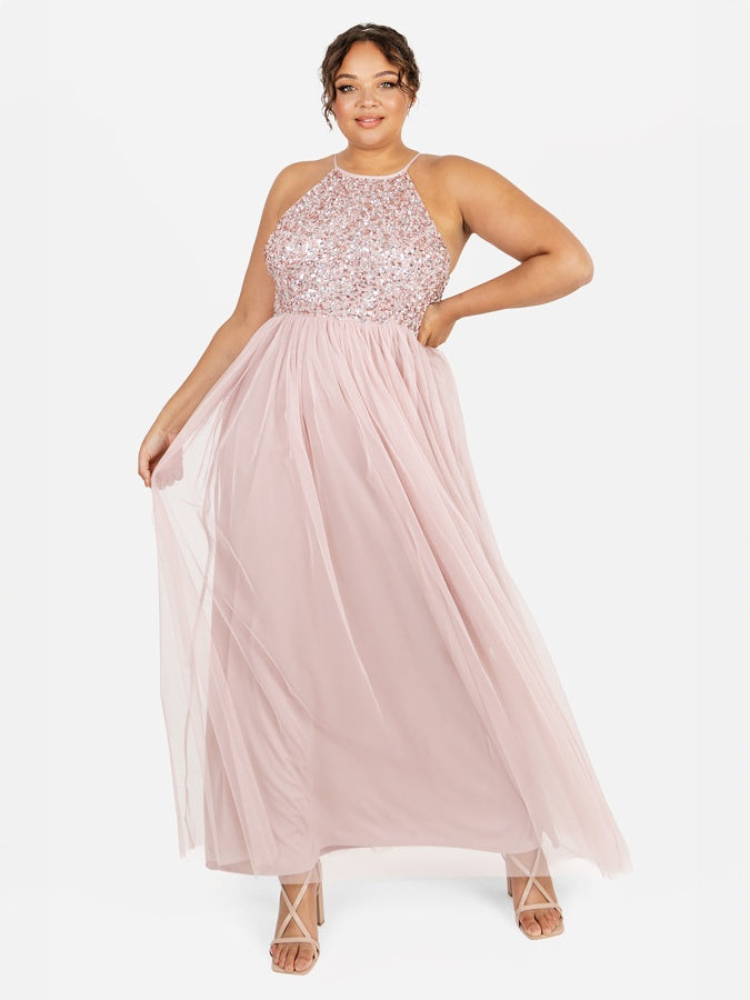 Maya Frosted Pink Embellished Halter Neck Maxi Dress