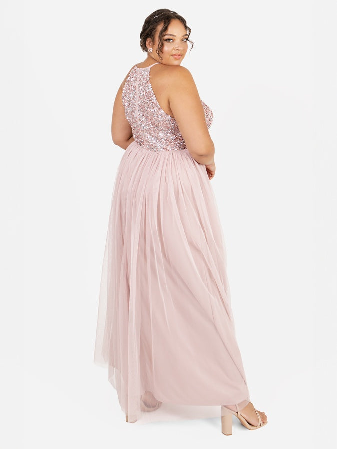 Maya Frosted Pink Embellished Halter Neck Maxi Dress