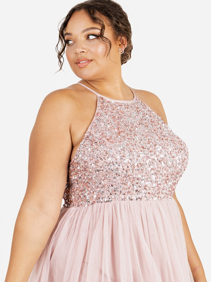 Maya Frosted Pink Embellished Halter Neck Maxi Dress