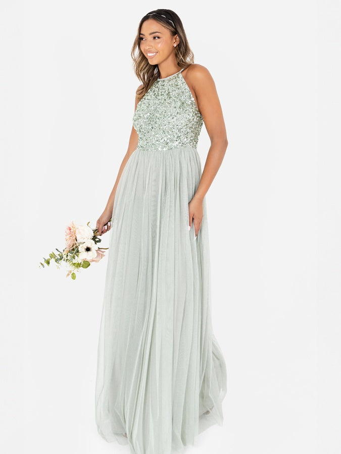 Maya Sage Green Embellished Halter Neck Maxi Dress