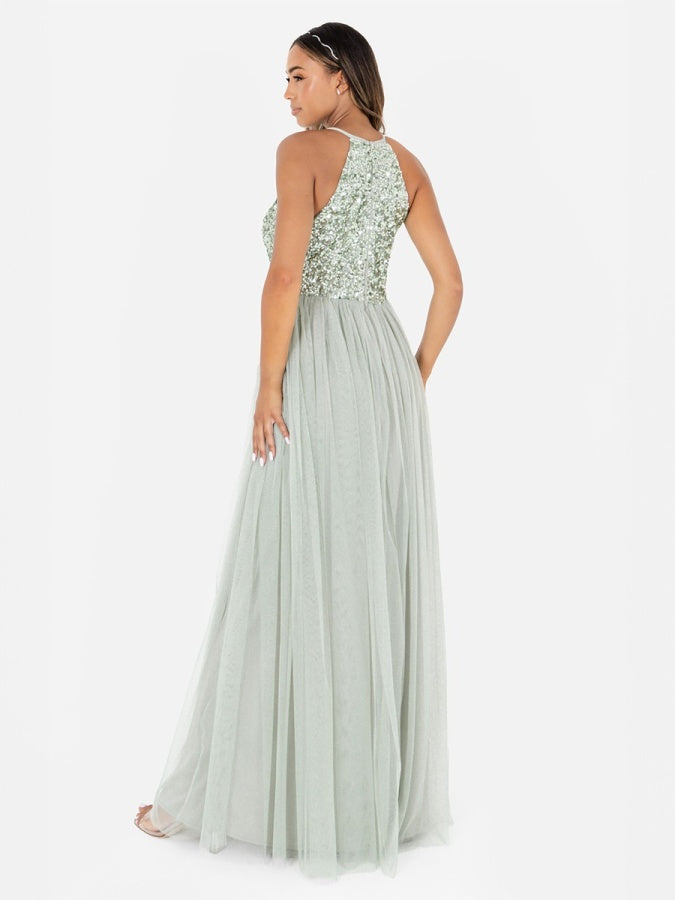 Maya Sage Green Embellished Halter Neck Maxi Dress