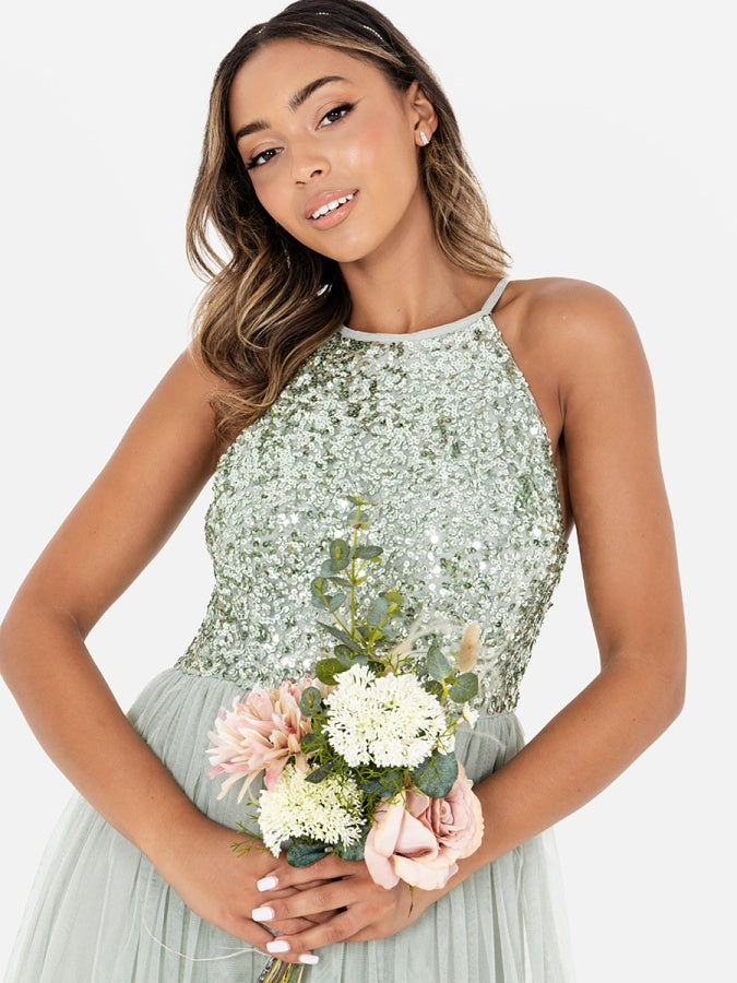 Maya Sage Green Embellished Halter Neck Maxi Dress Maya Deluxe Maya Sage Green Embellished Halter Neck Maxi Dress Maya Deluxe