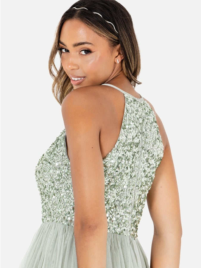 Maya Sage Green Embellished Halter Neck Maxi Dress
