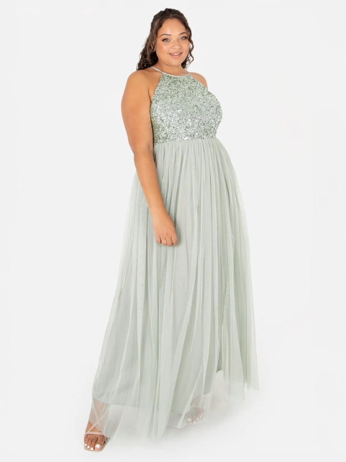 Maya Sage Green Embellished Halter Neck Maxi Dress
