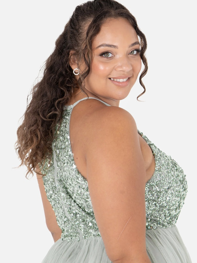 Maya Sage Green Embellished Halter Neck Maxi Dress