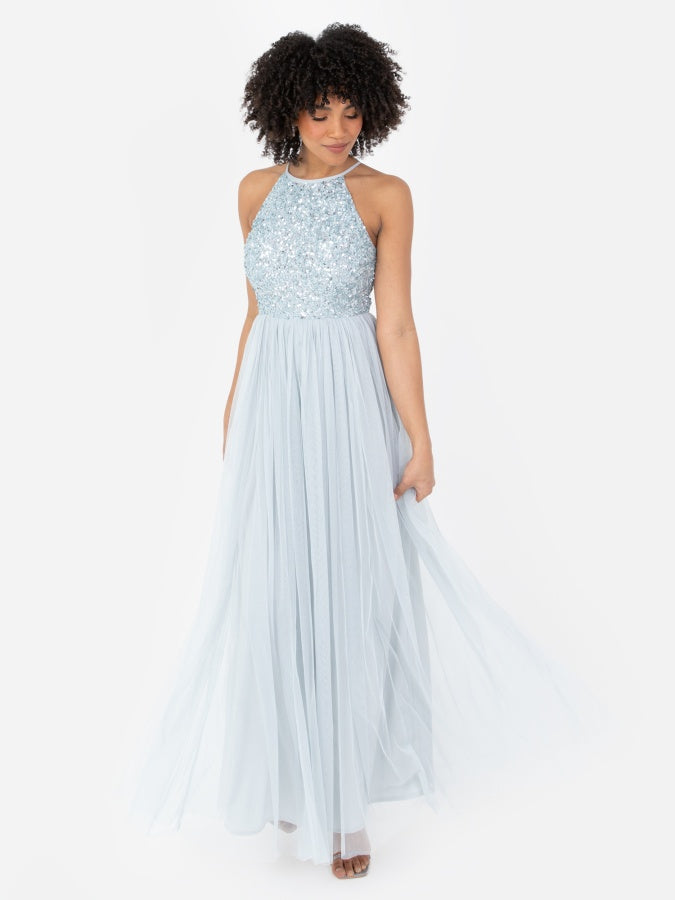 Maya Pale Blue Embellished Halter Neck Maxi Dress