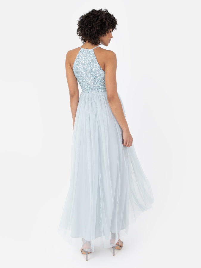 Maya Pale Blue Embellished Halter Neck Maxi Dress