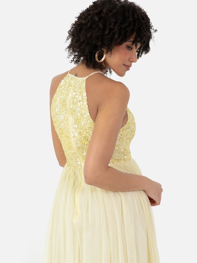 Maya Pale Yellow Embellished Halter Neck Maxi Dress