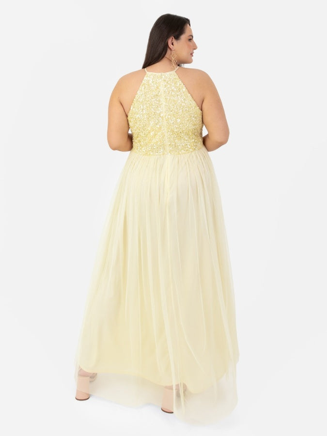 Maya Pale Yellow Embellished Halter Neck Maxi Dress
