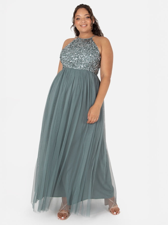 Maya Misty Green Embellished Halter Neck Maxi Dress