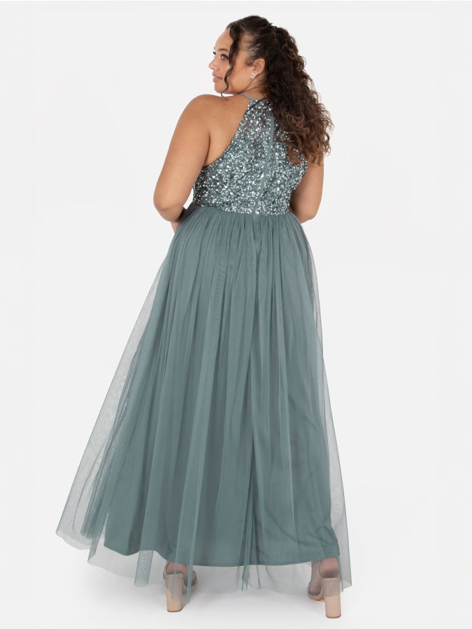 Maya Misty Green Embellished Halter Neck Maxi Dress