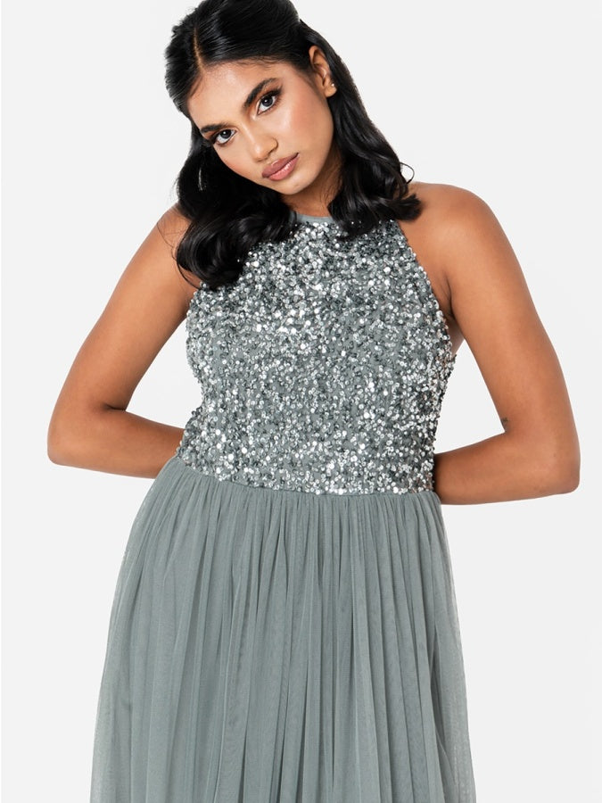 Maya Misty Green Embellished Halter Neck Maxi Dress