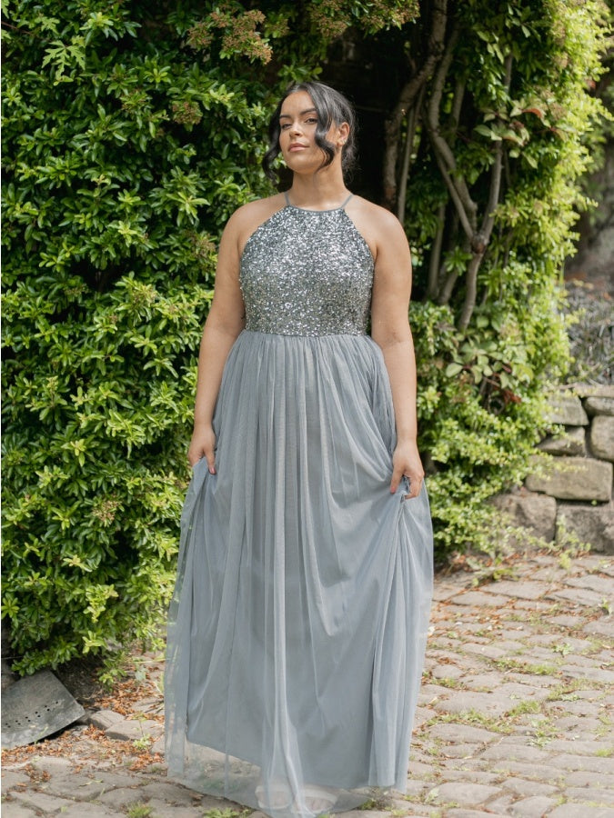 Maya Misty Green Embellished Halter Neck Maxi Dress