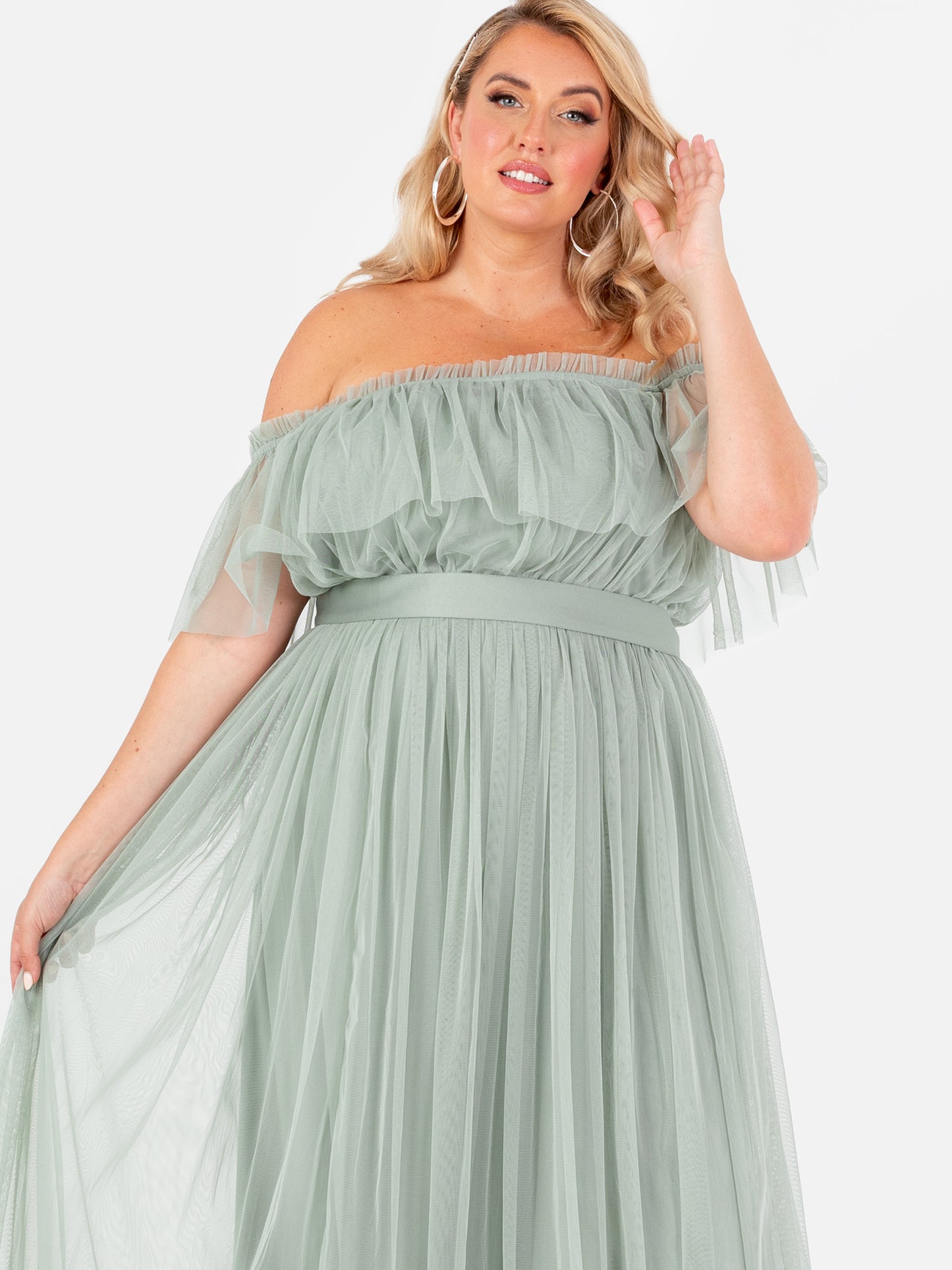 Anaya With Love Recycled Frosty Green Bardot Maxi Dress with Sash Belt