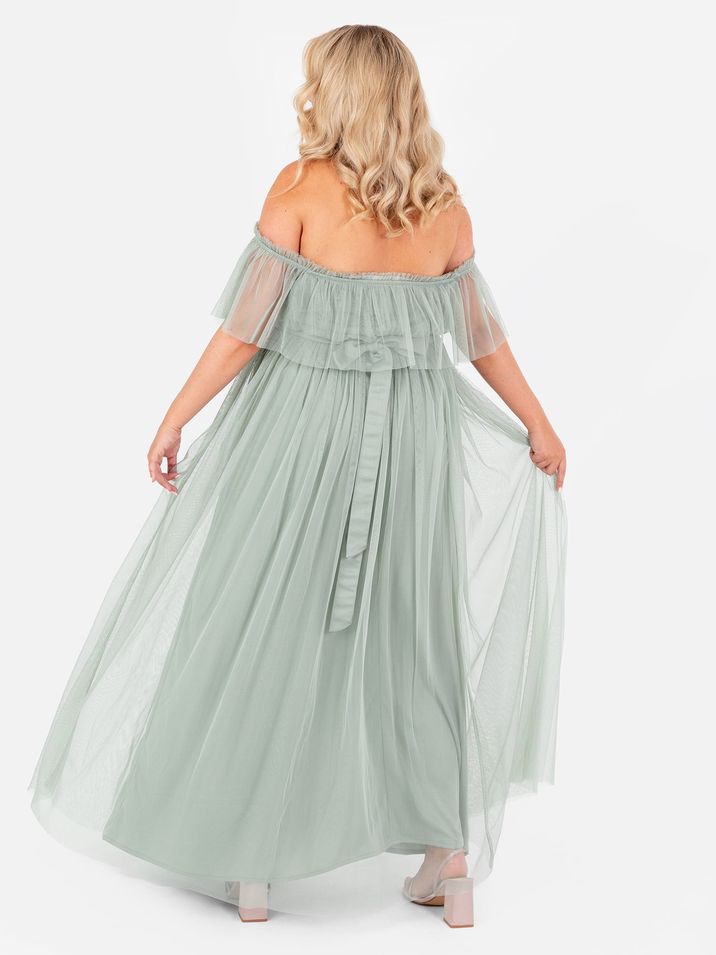 Anaya With Love Recycled Frosty Green Bardot Maxi Dress with Sash Belt