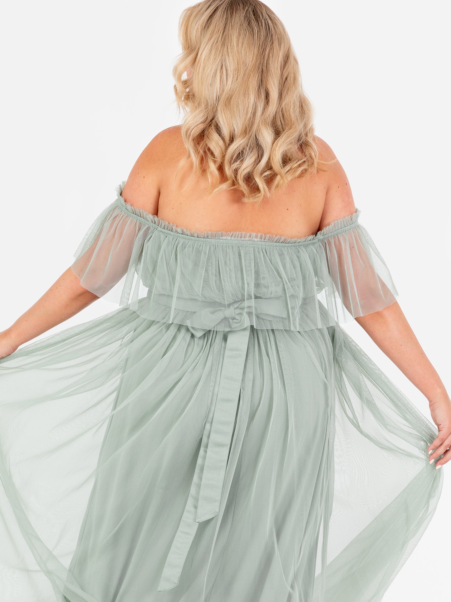 Anaya With Love Recycled Frosty Green Bardot Maxi Dress with Sash Belt