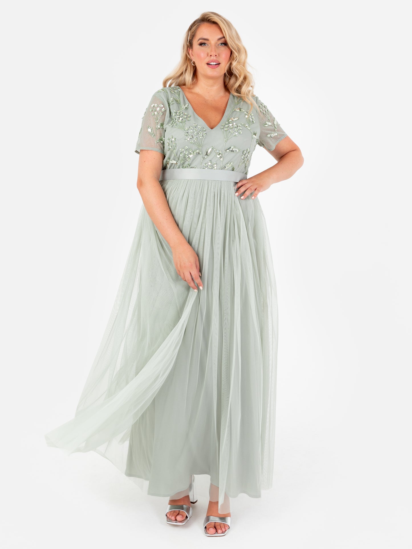 Maya Sage Green Floral Embellished Short Sleeve V Neck Maxi Dress with Sash Belt
