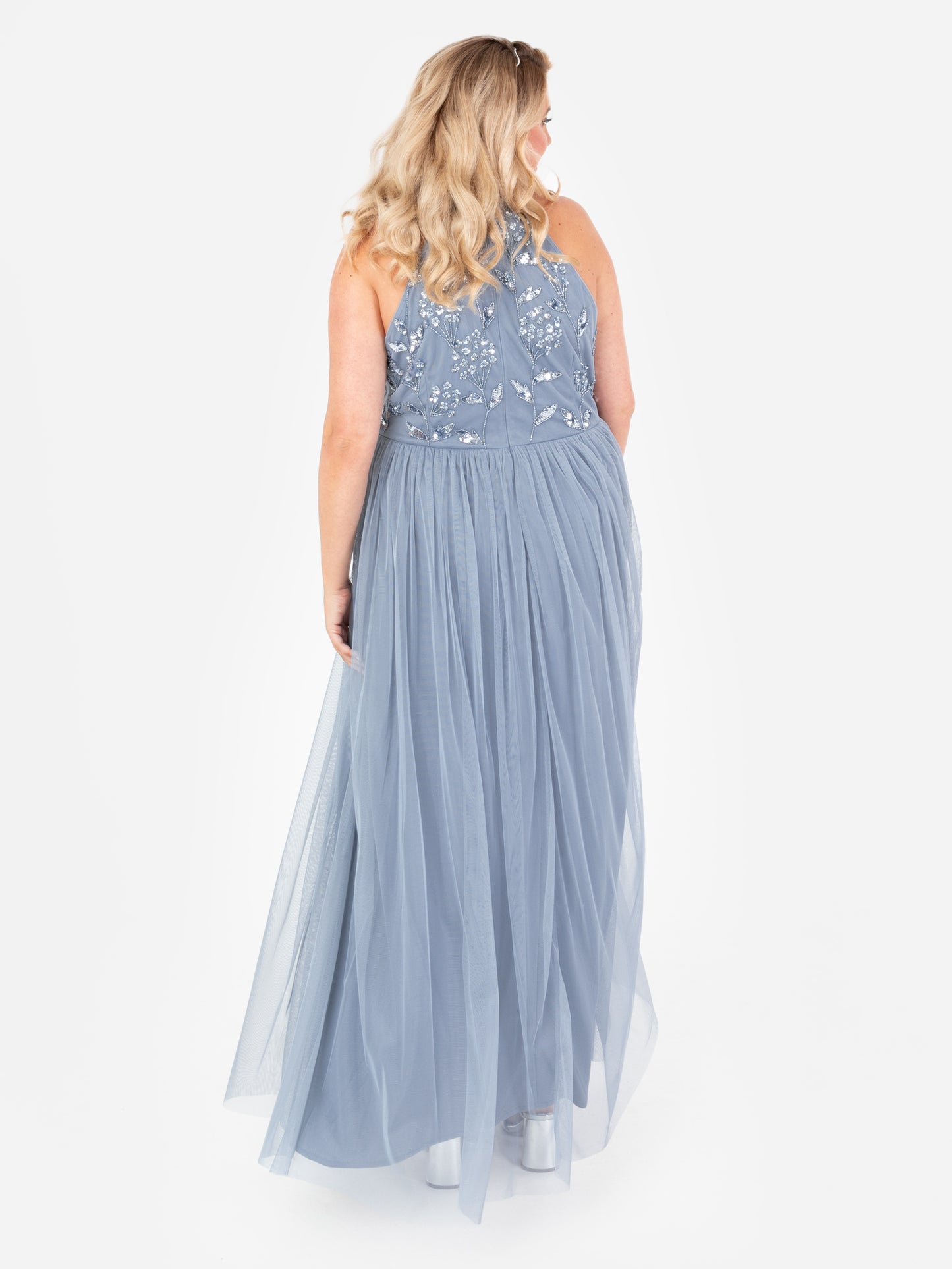 Maya Dusty Blue Floral Embellished Halter Neck Maxi Dress