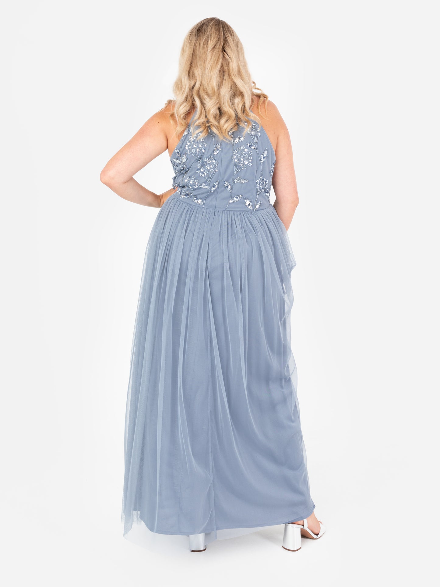 Maya Dusty Blue Floral Embellished Halter Neck Maxi Dress