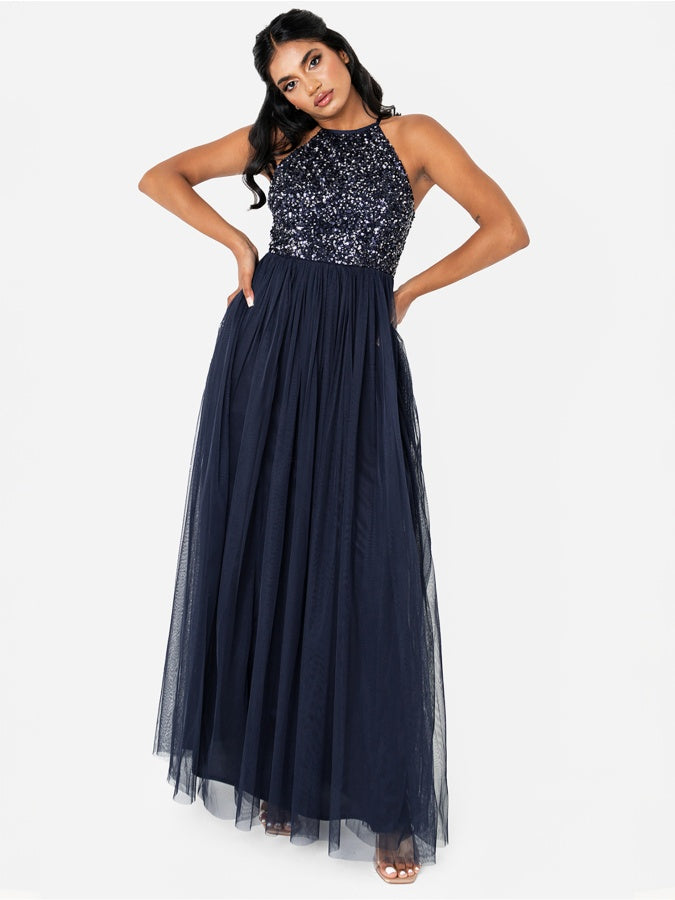 Maya Navy Embellished Halter Neck Maxi Dress