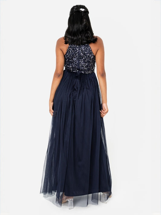 Maya Navy Embellished Halter Neck Maxi Dress