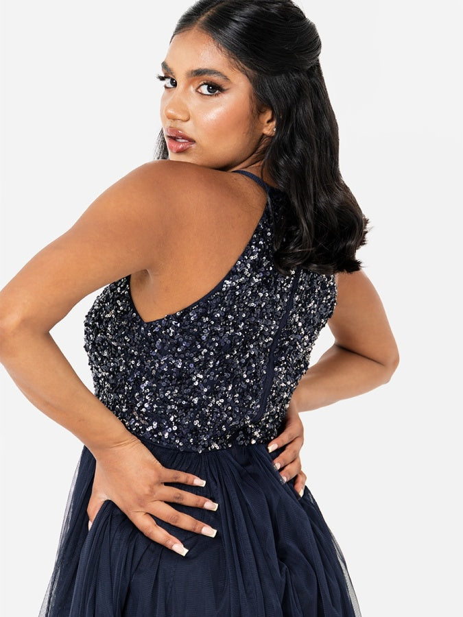Maya Navy Embellished Halter Neck Maxi Dress
