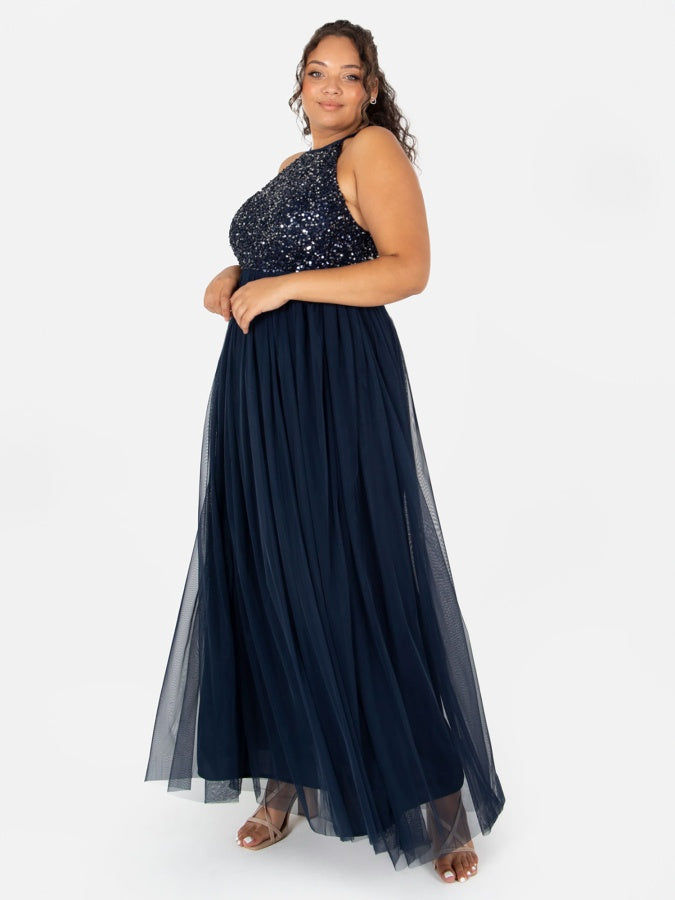 Maya Navy Embellished Halter Neck Maxi Dress