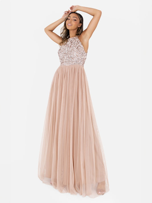 Maya Taupe Blush Embellished Halter Neck Maxi Dress