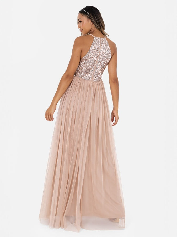 Maya Taupe Blush Embellished Halter Neck Maxi Dress