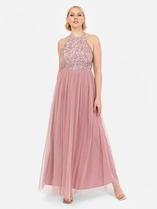 Maya Dusty Pink Embellished Halter Neck Maxi Dress