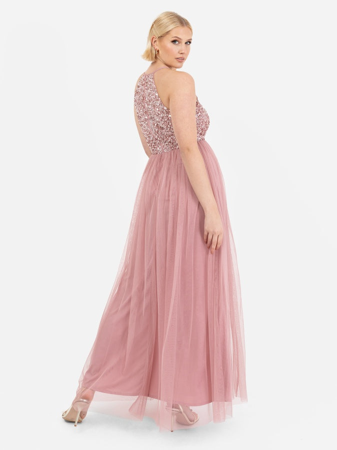 Maya Dusty Pink Embellished Halter Neck Maxi Dress