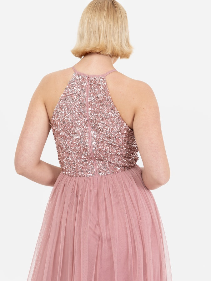 Maya Dusty Pink Embellished Halter Neck Maxi Dress