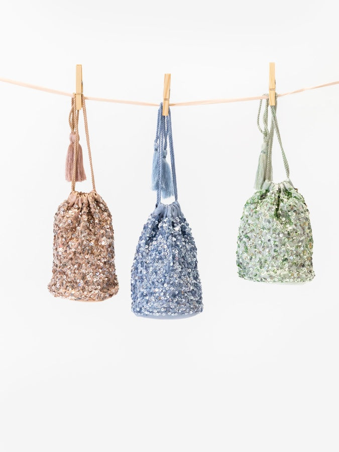 Maya Dusty Blue Embellished Drawstring Purse