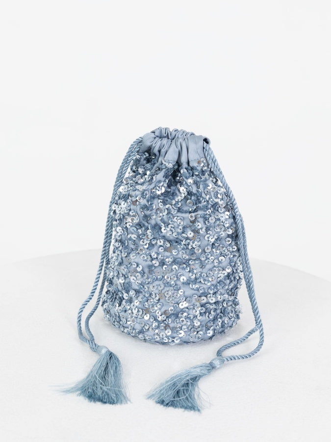 Maya Dusty Blue Embellished Drawstring Purse